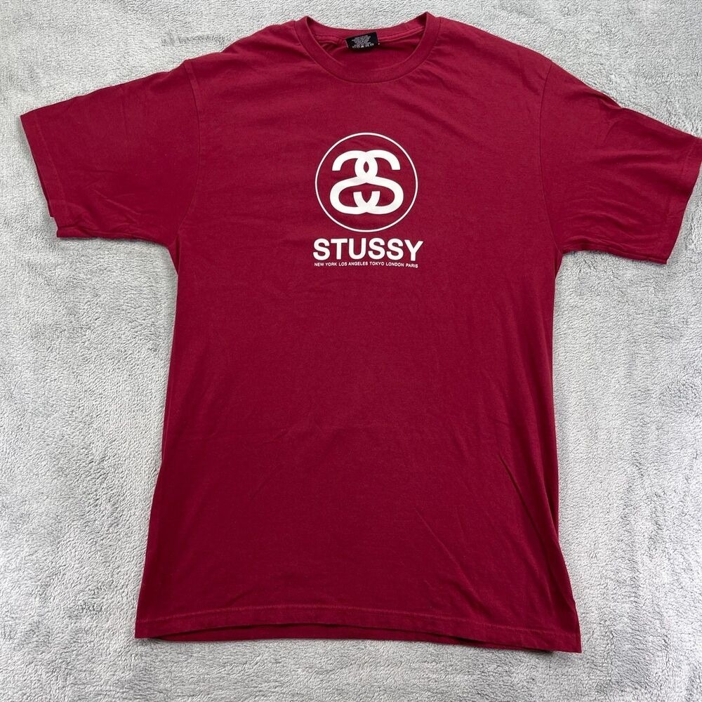 VTG Stussy T-Shirt Mens M Maroon New York Los Angeles Tokyo London Paris Graphic